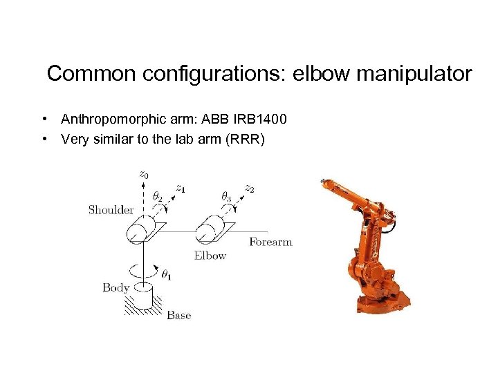 Common configurations: elbow manipulator • Anthropomorphic arm: ABB IRB 1400 • Very similar to