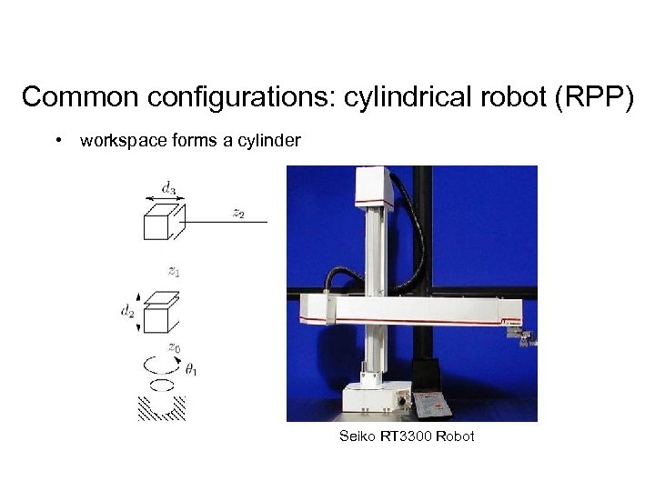 Common configurations: cylindrical robot (RPP) • workspace forms a cylinder Seiko RT 3300 Robot