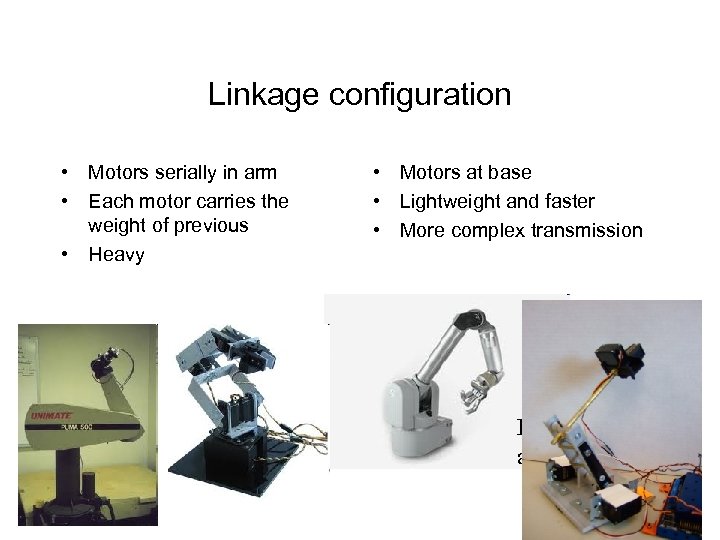 Linkage configuration • Motors serially in arm • Each motor carries the weight of