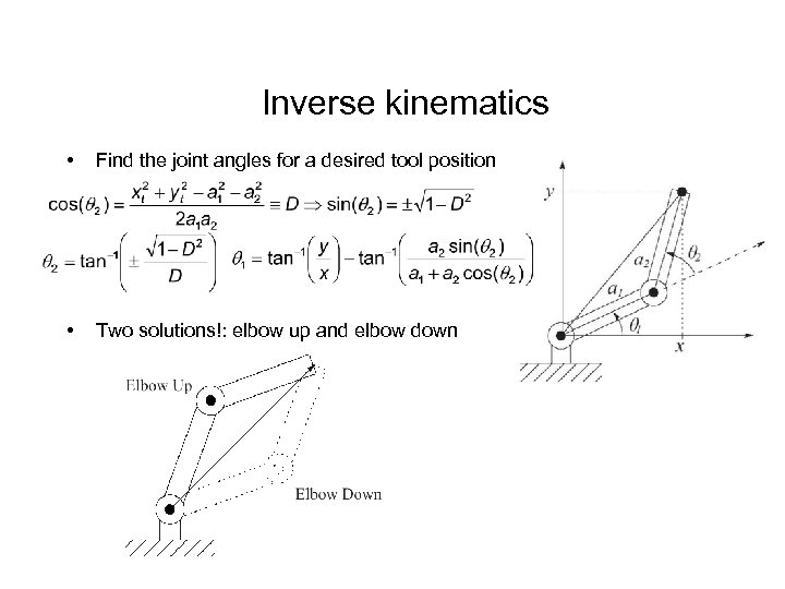 Inverse kinematics • Find the joint angles for a desired tool position • Two