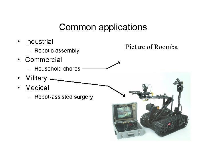 Common applications • Industrial – Robotic assembly • Commercial – Household chores • Military