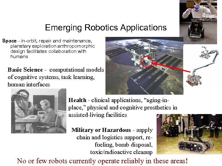 Emerging Robotics Applications Space - in-orbit, repair and maintenance, planetary exploration anthropomorphic design facilitates