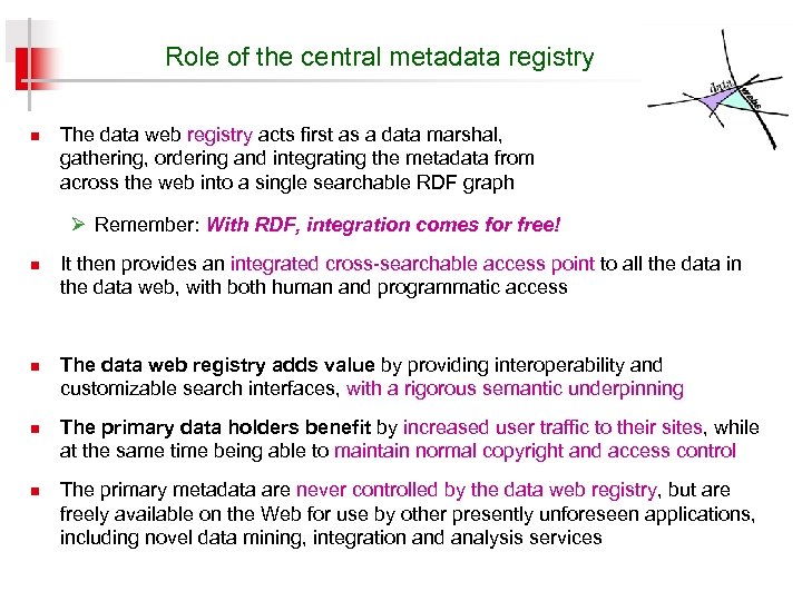 Role of the central metadata registry n The data web registry acts first as