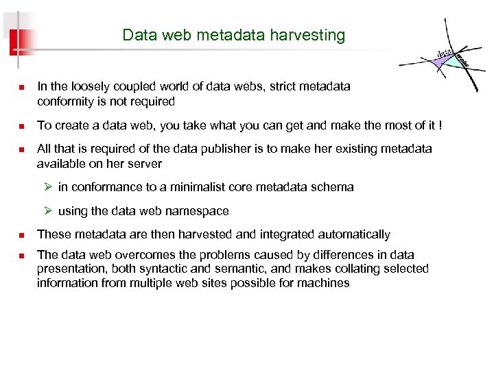 Data web metadata harvesting n n n In the loosely coupled world of data