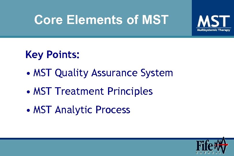 Core Elements of MST Key Points: • MST Quality Assurance System • MST Treatment