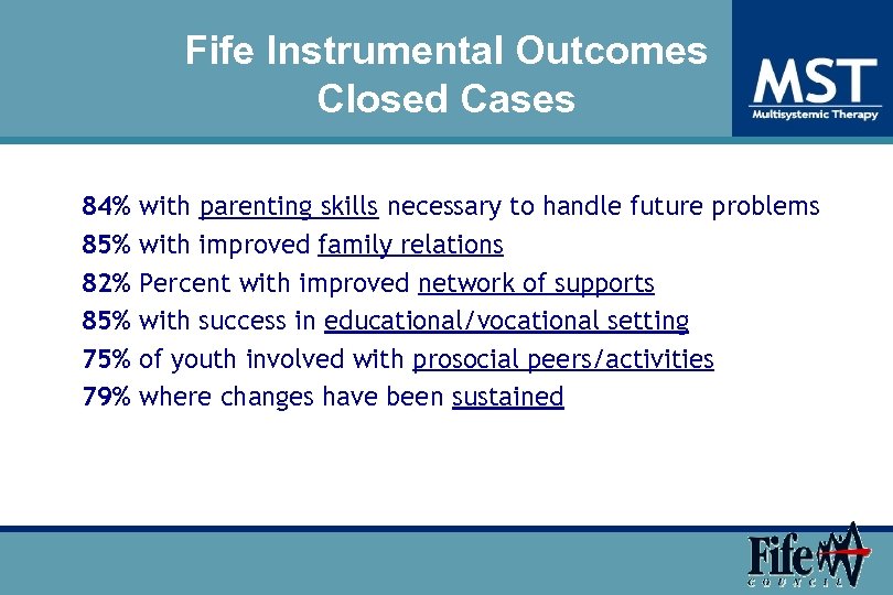 Fife Instrumental Outcomes Closed Cases 84% 85% 82% 85% 79% with parenting skills necessary