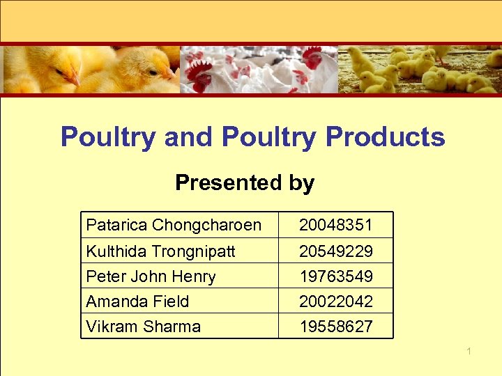 Poultry and Poultry Products Presented by Patarica Chongcharoen 20048351 Kulthida Trongnipatt Peter John Henry