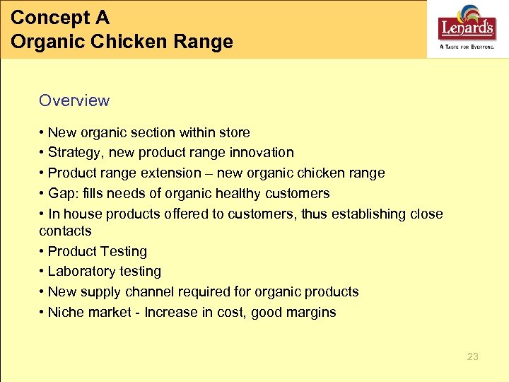 Concept A Organic Chicken Range Overview • New organic section within store • Strategy,