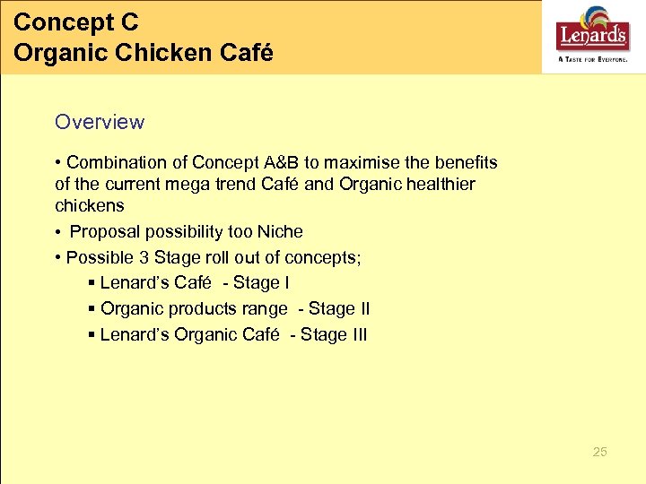 Concept C Organic Chicken Café Overview • Combination of Concept A&B to maximise the