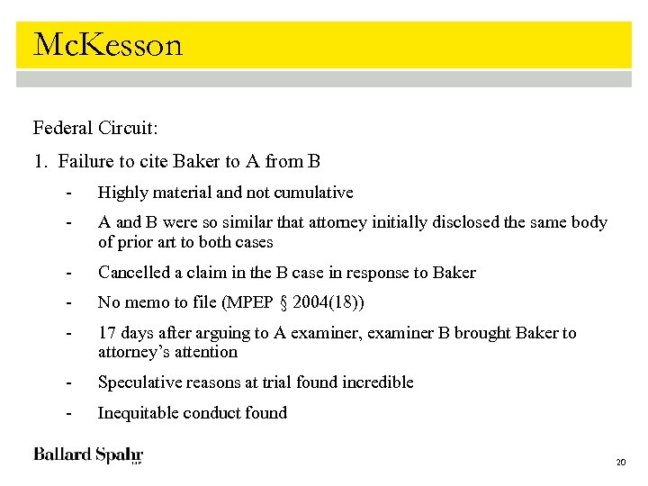 Mc. Kesson Federal Circuit: 1. Failure to cite Baker to A from B -