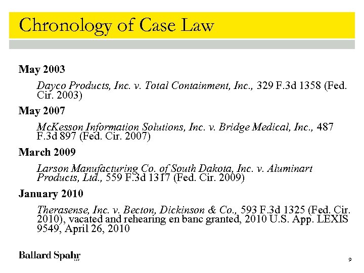 Chronology of Case Law May 2003 Dayco Products, Inc. v. Total Containment, Inc. ,