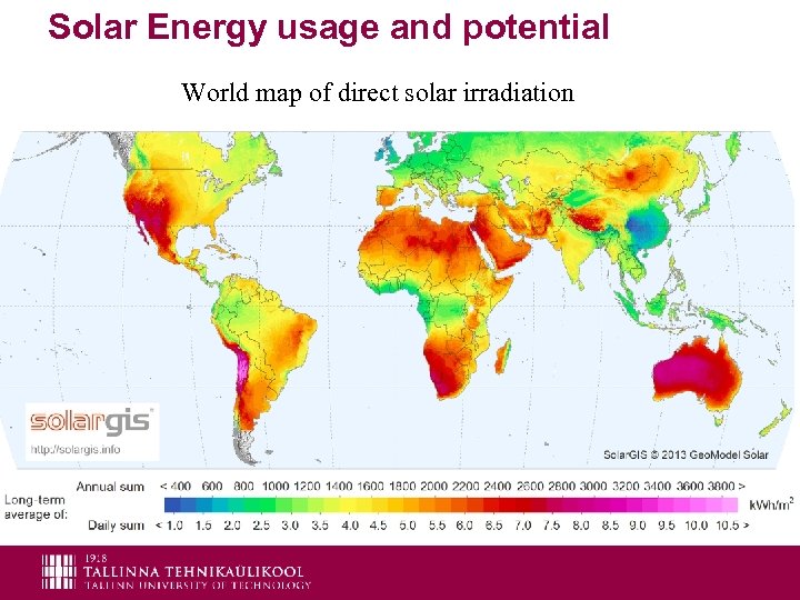 Solar Energy usage and potential World map of direct solar irradiation 