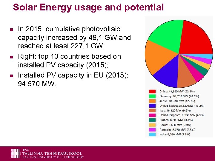 Solar Energy usage and potential n n n In 2015, cumulative photovoltaic capacity increased