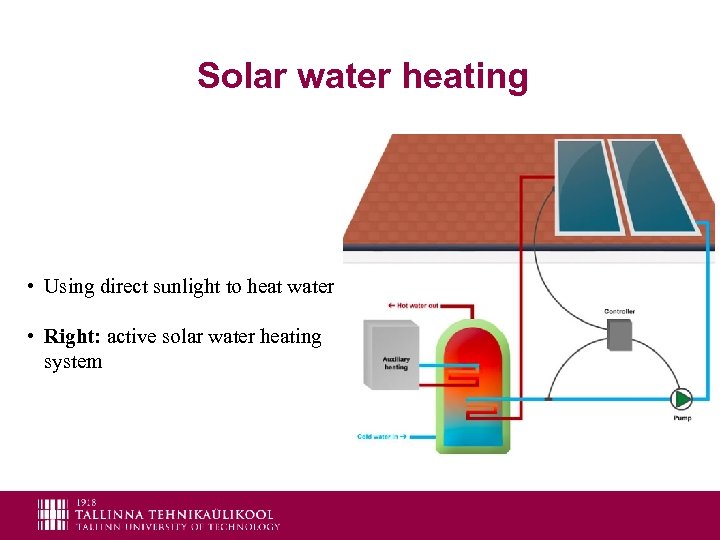 Solar water heating • Using direct sunlight to heat water • Right: active solar