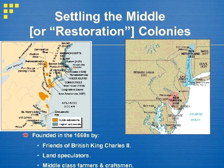 Settling the Middle [or “Restoration”] Colonies Founded in the 1660 s by: § Friends