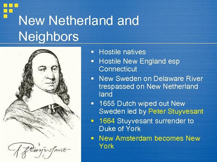 New Netherland Neighbors § Hostile natives § Hostile New England esp Connecticut § New