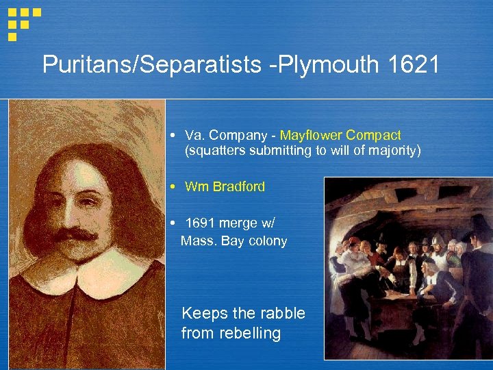 Puritans/Separatists -Plymouth 1621 Va. Company - Mayflower Compact (squatters submitting to will of majority)