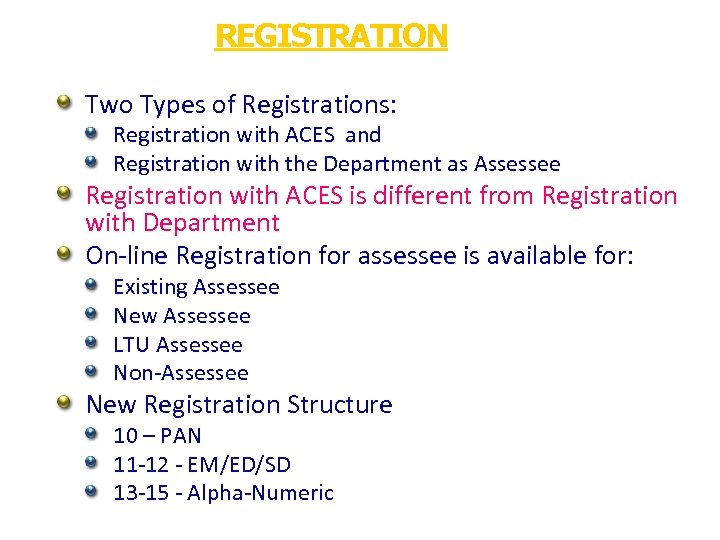 REGISTRATION Two Types of Registrations: Registration with ACES and Registration with the Department as