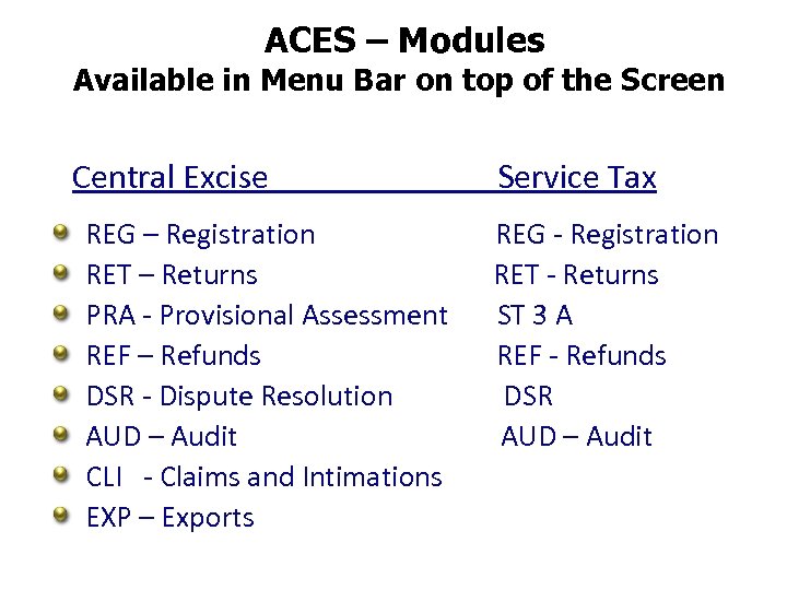 ACES – Modules Available in Menu Bar on top of the Screen Central Excise