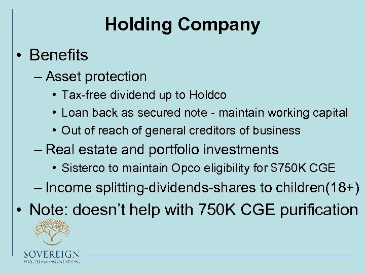 Holding Company • Benefits – Asset protection • Tax-free dividend up to Holdco •
