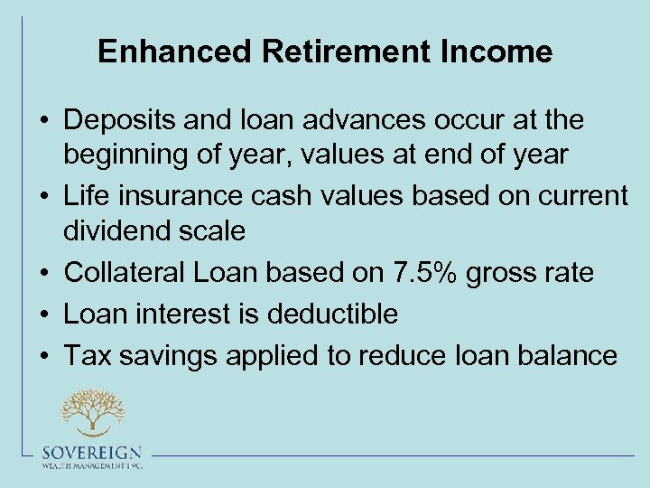 Enhanced Retirement Income • Deposits and loan advances occur at the beginning of year,