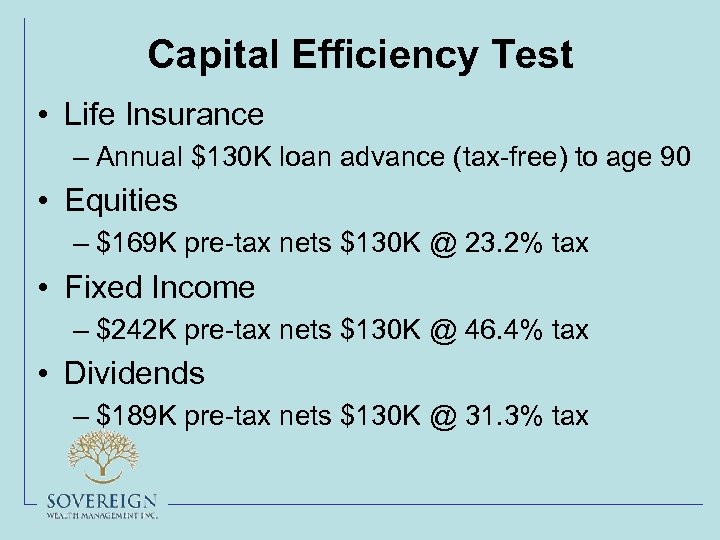 Capital Efficiency Test • Life Insurance – Annual $130 K loan advance (tax-free) to