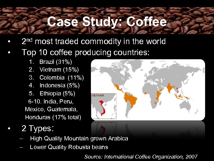 Case Study: Coffee • • 2 nd most traded commodity in the world Top