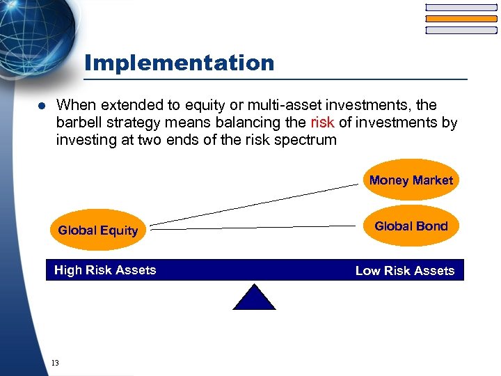 Implementation l When extended to equity or multi-asset investments, the barbell strategy means balancing