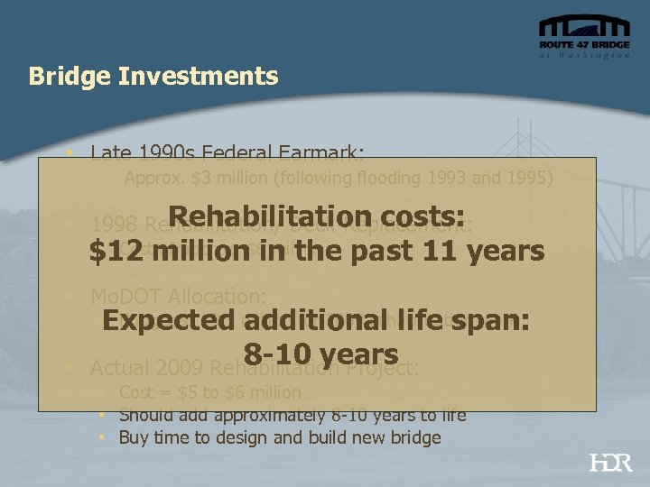 Bridge Investments • Late 1990 s Federal Earmark: • Approx. $3 million (following flooding