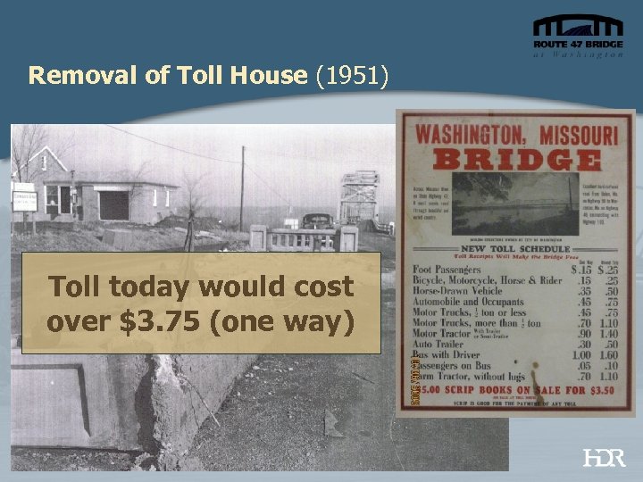 Removal of Toll House (1951) Toll today would cost over $3. 75 (one way)