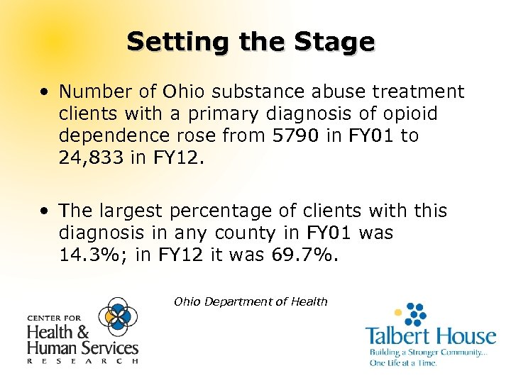 Setting the Stage • Number of Ohio substance abuse treatment clients with a primary
