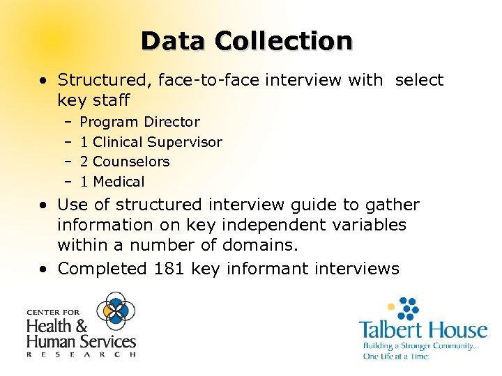Data Collection • Structured, face-to-face interview with select key staff – – Program Director