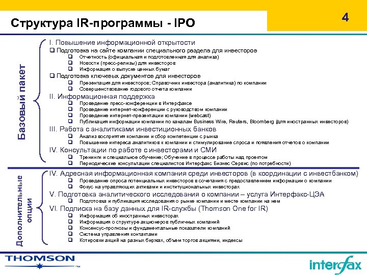 Структура IR-программы - IPO 4 I. Повышение информационной открытости Базовый пакет q Подготовка на