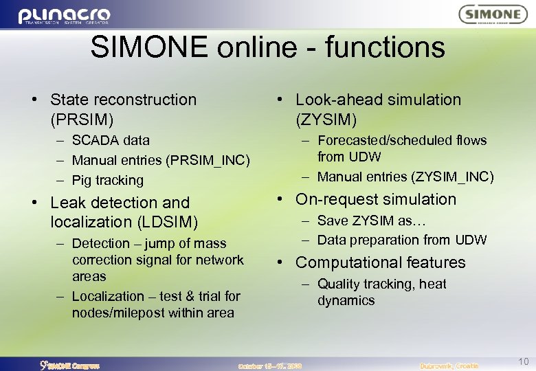 SIMONE online - functions • State reconstruction (PRSIM) – SCADA data – Manual entries