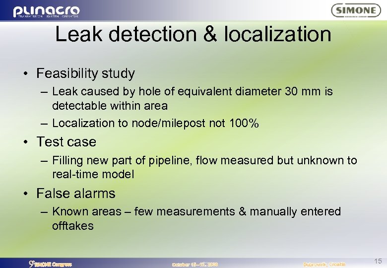 Leak detection & localization • Feasibility study – Leak caused by hole of equivalent