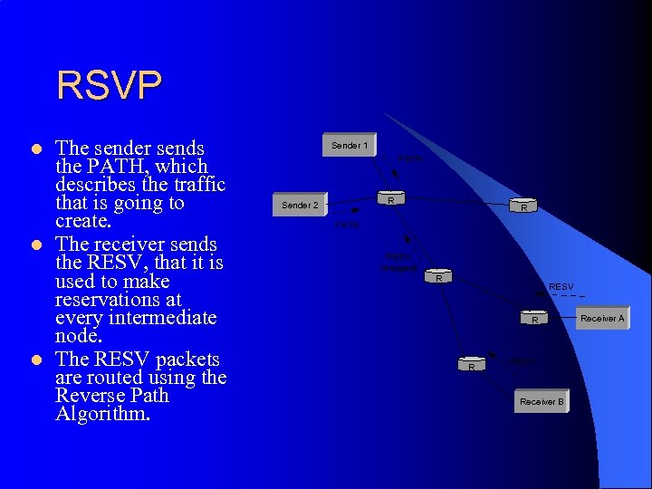 RSVP l l l The sender sends the PATH, which describes the traffic that