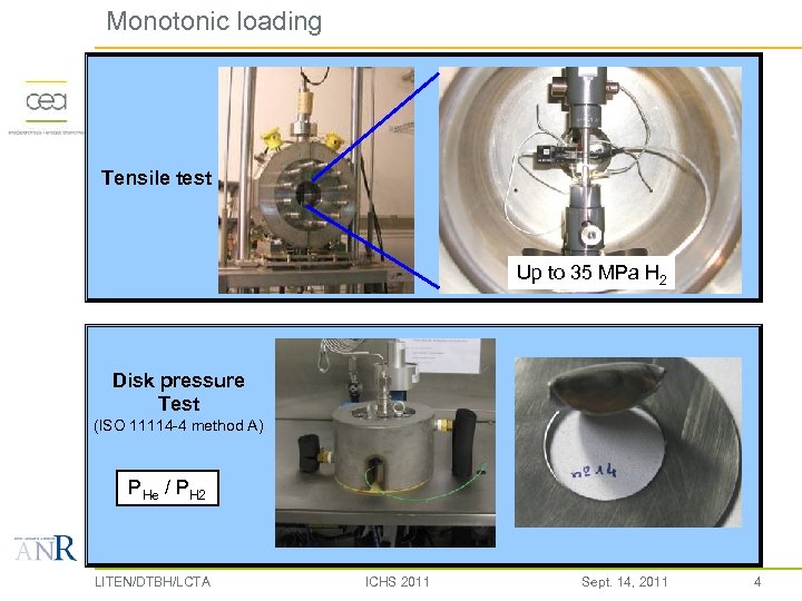 Monotonic loading Tensile test Up to 35 MPa H 2 Disk pressure Test (ISO
