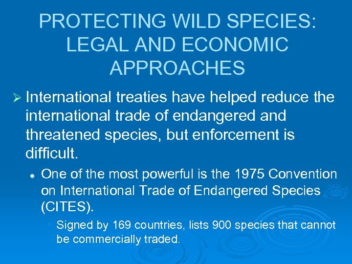 PROTECTING WILD SPECIES: LEGAL AND ECONOMIC APPROACHES Ø International treaties have helped reduce the