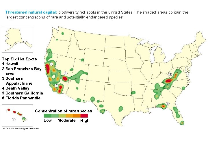 Threatened natural capital: biodiversity hot spots in the United States. The shaded areas contain