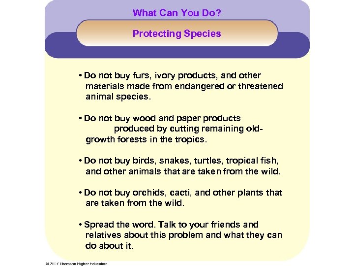 What Can You Do? Protecting Species • Do not buy furs, ivory products, and