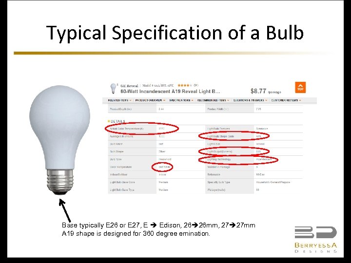 Typical Specification of a Bulb Base typically E 26 or E 27, E Edison,