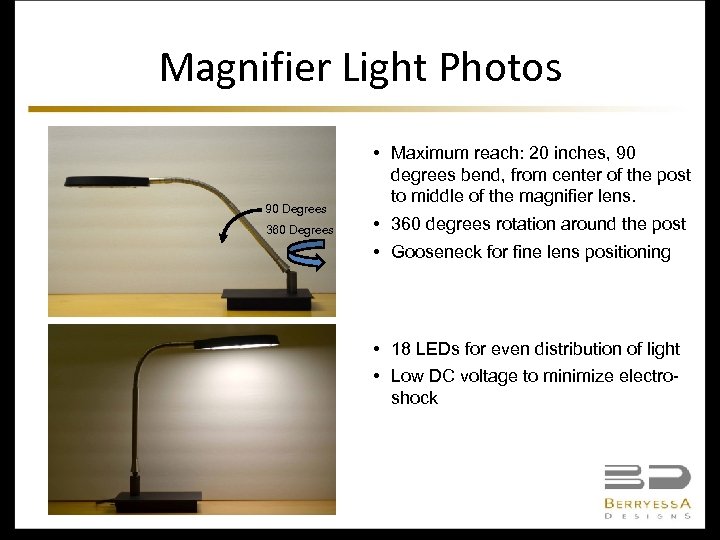 Magnifier Light Photos 90 Degrees 360 Degrees • Maximum reach: 20 inches, 90 degrees