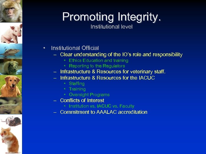 Promoting Integrity. Institutional level • Institutional Official – Clear understanding of the IO’s role