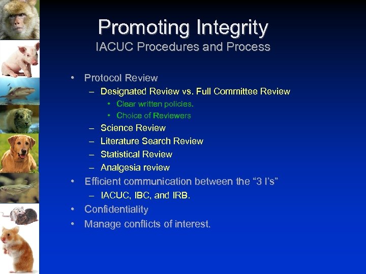 Promoting Integrity IACUC Procedures and Process • Protocol Review – Designated Review vs. Full