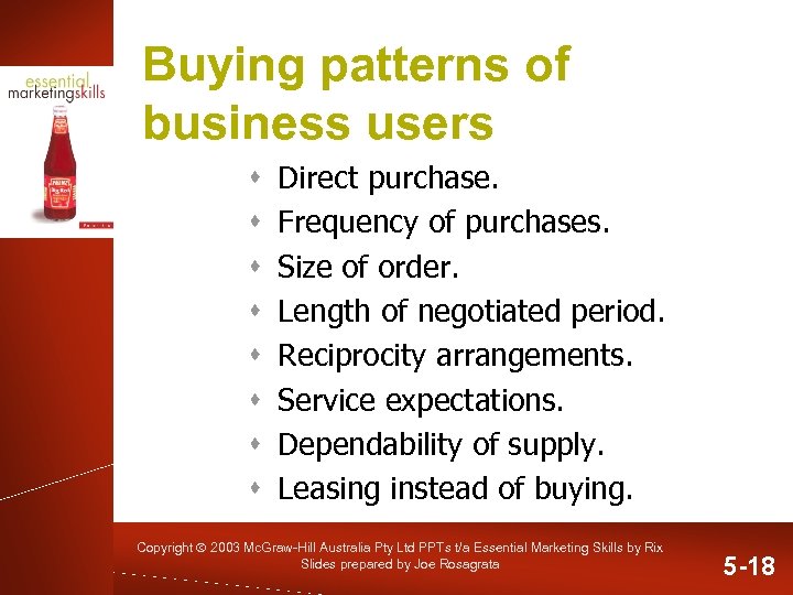 Buying patterns of business users s s s s Direct purchase. Frequency of purchases.