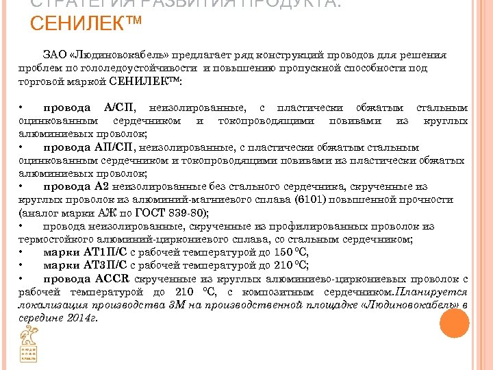 СТРАТЕГИЯ РАЗВИТИЯ ПРОДУКТА. СЕНИЛЕК™ ЗАО «Людиновокабель» предлагает ряд конструкций проводов для решения проблем по