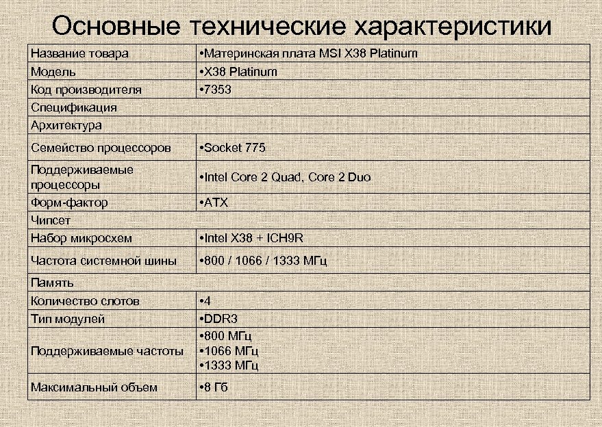 Параметры продукта. Основные технические характеристики. Материнская плата основные технические характеристики. Основные технологические характеристики. Основные технические данные характеристики.