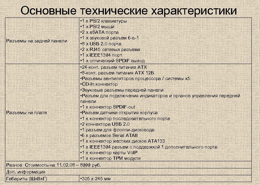 Основные технические характеристики • 1 x PS/2 клавиатуры • 1 x PS/2 мыши •