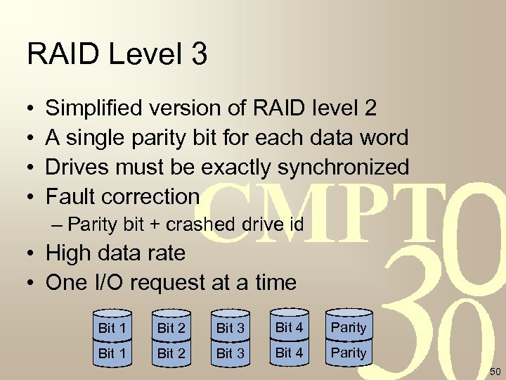 RAID Level 3 • • Simplified version of RAID level 2 A single parity