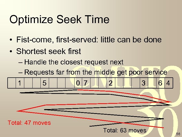 Optimize Seek Time • Fist-come, first-served: little can be done • Shortest seek first